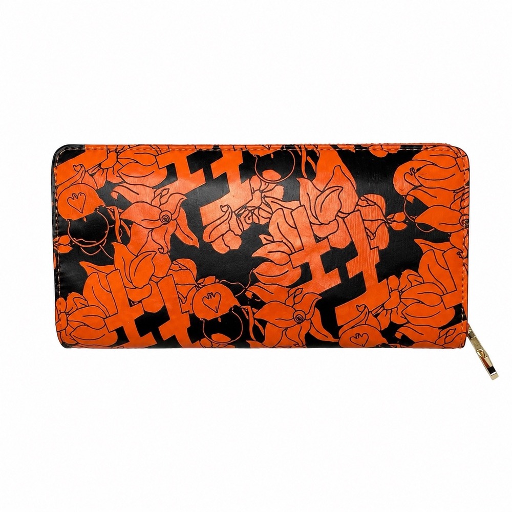 Folli Follie Zip Around Wallet Orange Black Floral Geometric Logo Charm Slim